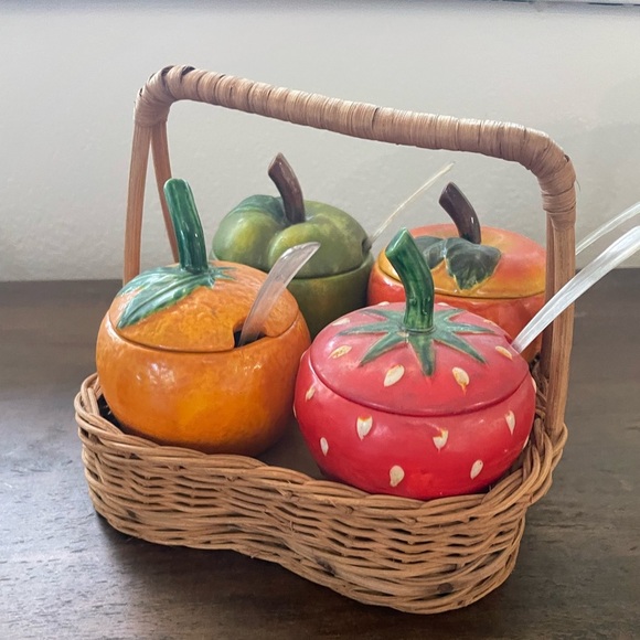 Vintage MCM Sere Well Ceramic Fruit Condiment Dishes w/ Basket set Japan - Picture 1 of 15